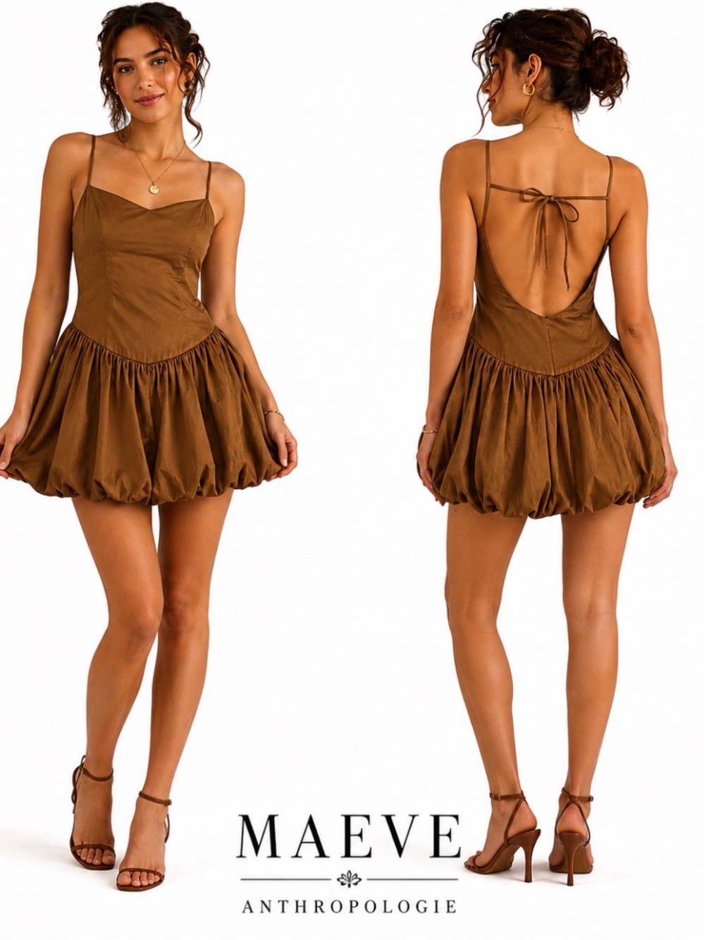 Maeve Anthropologie Brown Bubble Mini Dress Small Spaghetti Strap Open Back BOHO
